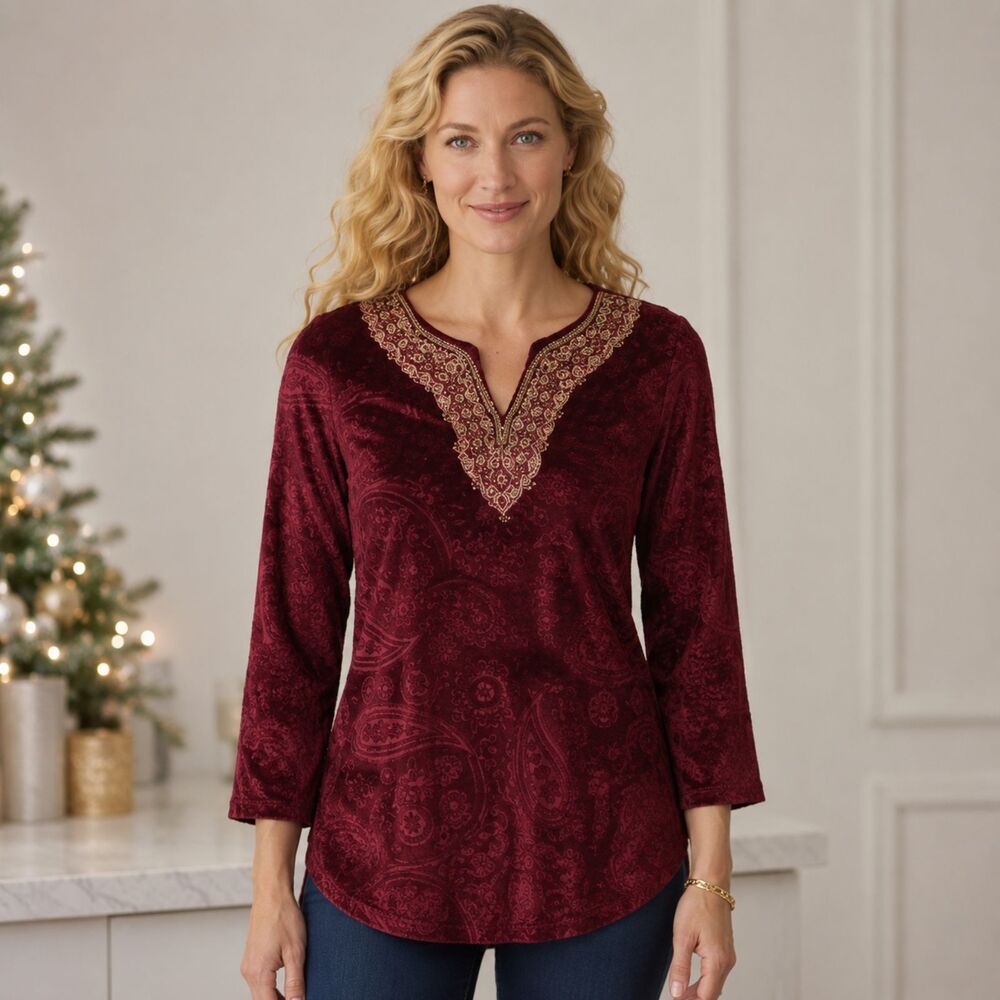 Soft Surroundings Tunic Top M Burgundy Velvet Burnout Embroidered Boho